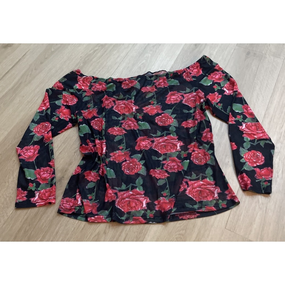 Mesh Top Black w/Roses See through Women's Size Large Long Sleeve
